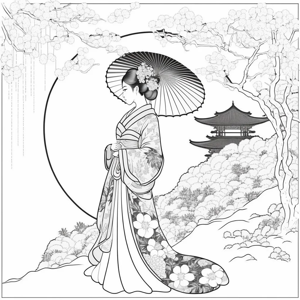 Şemsiyeli Japon Kadını – Siyah Beyaz – Boyama Kitabı Şemsiyeli Japon Kadını - Siyah Beyaz - Boyama Kitabı