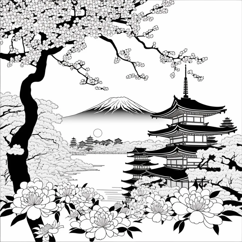 Japon Kasabası Çizimi – Siyah Beyaz – Boyama Kitabı Japon Kasabası Çizimi - Siyah Beyaz - Boyama Kitabı
