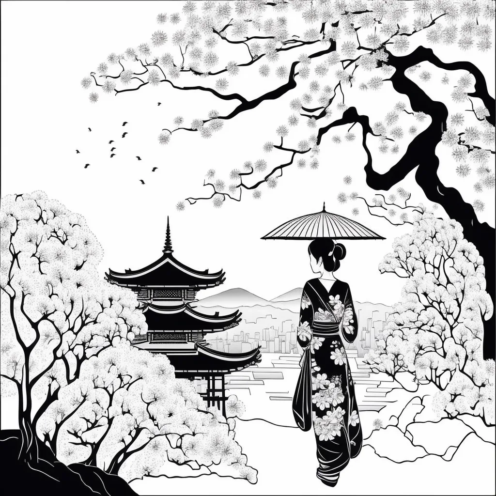 Şemsiyeli Japon Kadın Çizimi – Siyah Beyaz – Boyama Kitabı Şemsiyeli Japon Kadın Çizimi - Siyah Beyaz - Boyama Kitabı
