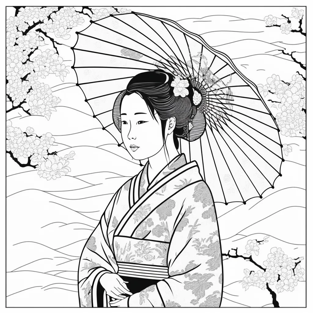 Şemsiyeli Japon Kadın Çizimi – Siyah Beyaz – Boyama Kitabı Şemsiyeli Japon Kadın Çizimi - Siyah Beyaz - Boyama Kitabı