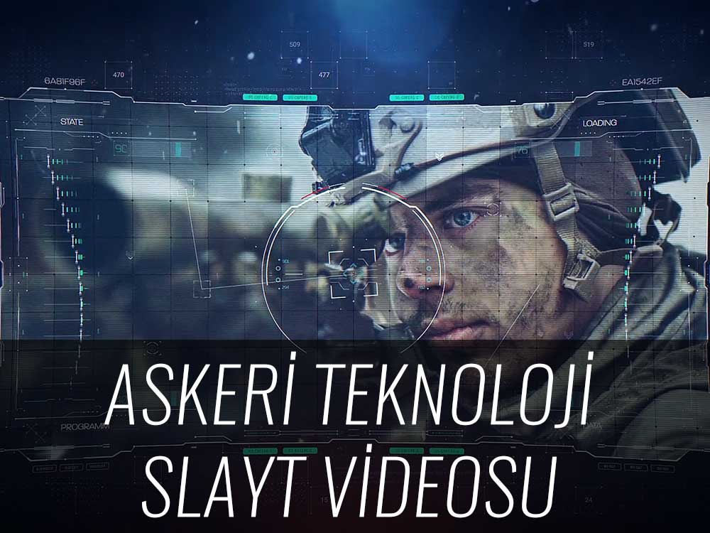 Tanıtım Videosu Örnekleri — Ürün, Hizmet ve Sunum Videoları 8 Askeri teknoloji slayt videosu — koyu zeminde hedefleme çerçeveleri ve veri satırları