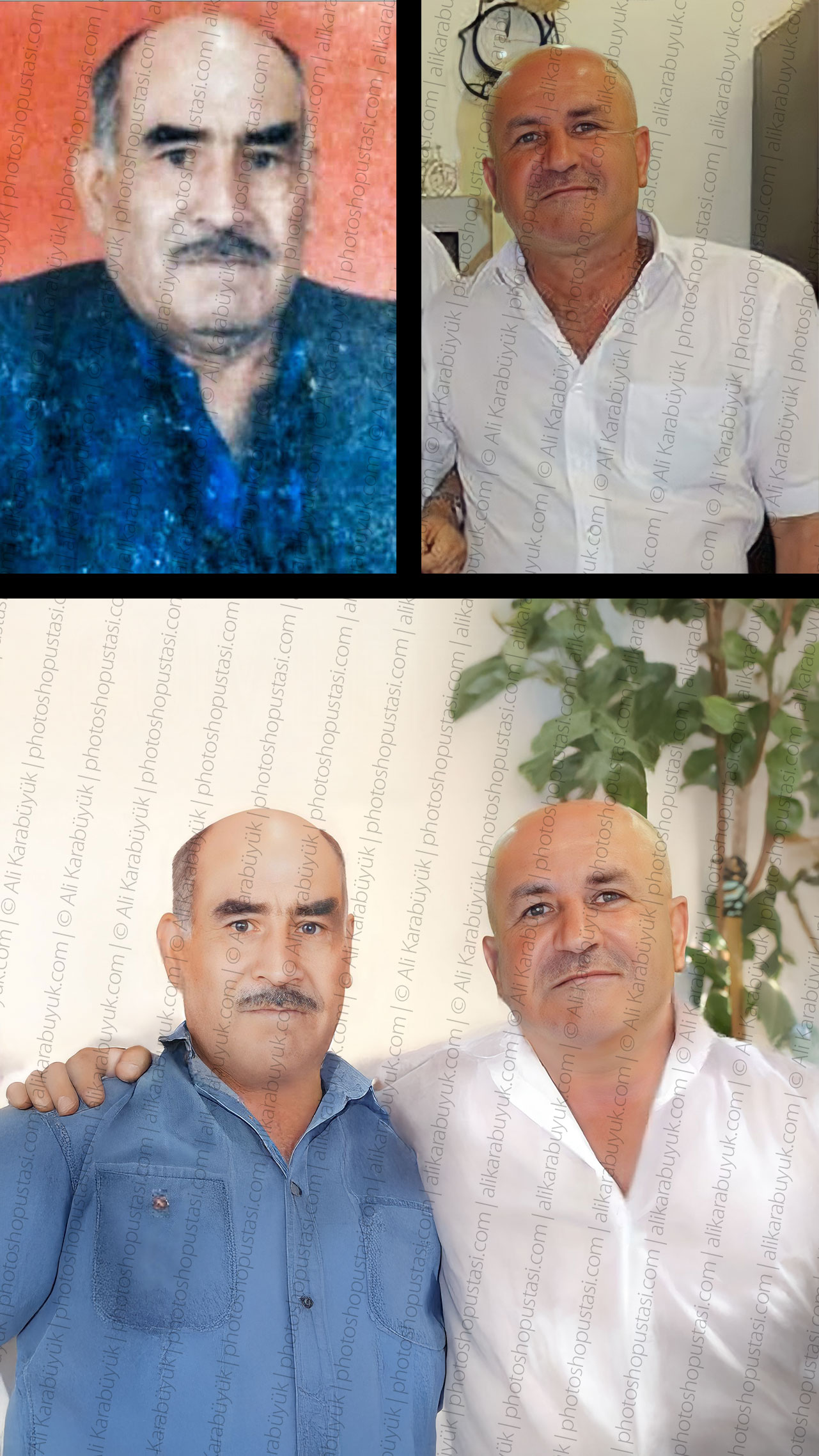 Baba ve Oğul Birleştirme – Vesikalık Fotoğraftan Gerçekçi Montaj Vefat etmiş babanın eski vesikalık fotoğrafı ile oğlunun aynı karede birleştirildiği duygusal montaj
