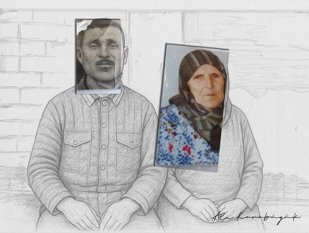 Rahmetli anne ve babanın portrelerinden yola çıkılarak oluşturulmuş sepya tonlu dijital eskiz çalışması.