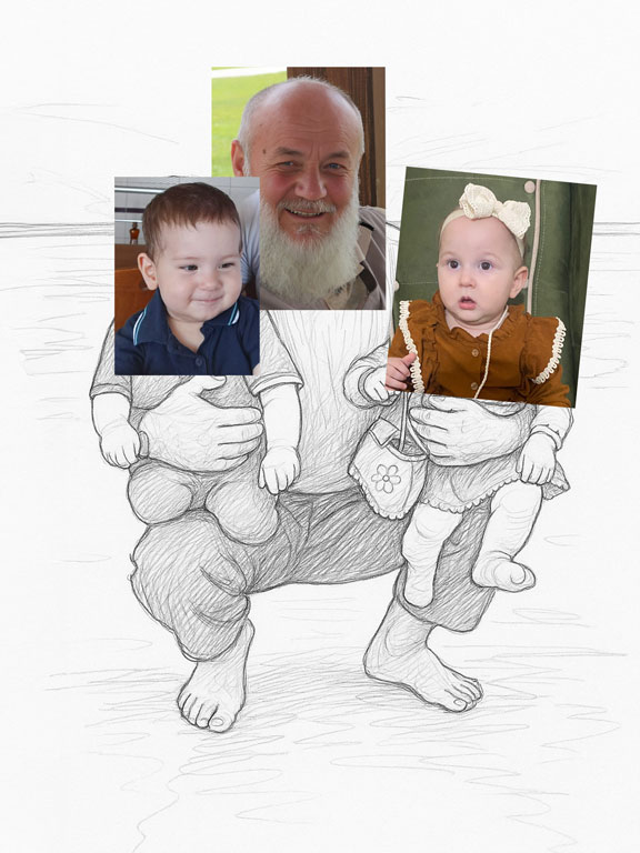 Tuz Gölü fotomontajı için kullanılan dede, kız ve erkek torunun ayrı fotoğrafları ve çizim taslağı