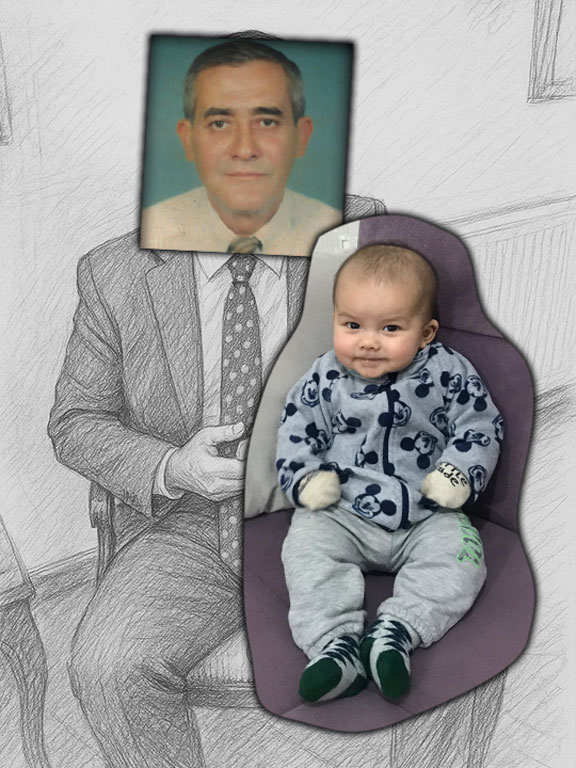 Vefat eden dede ve torunun ayrı fotoğrafları ile Photoshop öncesi eskiz çalışması