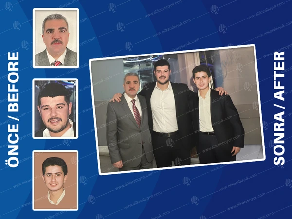 Ali Karabüyük portfolyo çalışması: Baba ve iki erkek kardeşin ayrı çekilmiş fotoğraflarının dijital olarak birleştirilerek tek bir aile portresine dönüştürüldüğü önce-sonra görseli. Görselde Ali Karabüyük logosu ve web adresi filigranı bulunmaktadır.