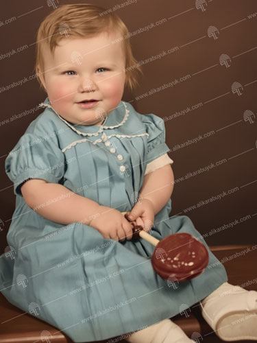 Restorasyon ve renklendirme sonrası canlı renklere ve yüksek netliğe sahip bebek fotoğrafı