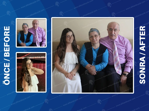 Ali Karabüyük portfolyo sunumu: Büyükanne ve büyükbabanın fotoğrafı ile torunlarının ayrı fotoğrafının dijital olarak birleştirilerek oluşturulan üç kuşak aile portresinin öncesi ve sonrası (before/after) görünümü. Görselde Ali Karabüyük logosu ve web adresi filigranı bulunmaktadır.