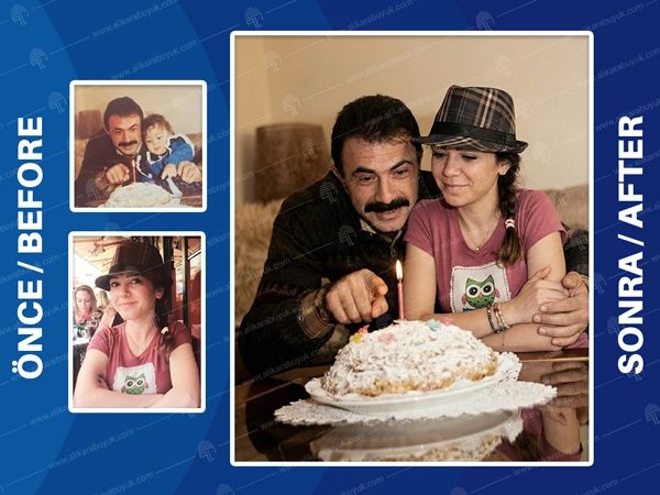 Rahmetli babası ile bebeklikte çekilmiş olduğu eski doğum günü fotoğrafına, kızın şimdiki hali eklenerek, hoş bir kare oluşturuldu.