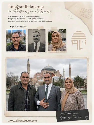 Fotoğraf Birleştirme – Baba Anne Oğul Aile Portresi Dört Kuşak Aile Montajı – Çerçeveli Photoshop Çalışması