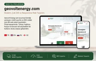Güneş Enerji Web Tasarımı 5 Güneş Enerji Web Tasarımı için hazırlanan portfolyo web tasarım projesinin kapsamlı infografik sunumu. Temiz, çok cihazlı (dizüstü bilgisayar ve akıllı telefon) maket, Türkçe, İngilizce, Rusça ve Gürcüce dil özelliklerine sahip modern güneş enerjisi şirketi web sitesini göstermektedir. Yeşil bir çubuktaki metin etiketleri ve simgeler tasarım özelliklerini detaylandırmaktadır: "Mobil Uyumlu", "Hızlı Yükleme", "SEO Uyumlu" ve "Modern Tasarım". Genel görsel, bir güneş enerjisi şirketi için profesyonel bir web sitesinin net bir özetini sunmaktadır.