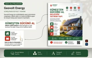 Güneş Enerjisi Post Tasarımı 6 Güneş enerjisi post tasarımı portfolyo sunumu: Geovolt Energy marka reklamı ve hiyerarşi analizi.