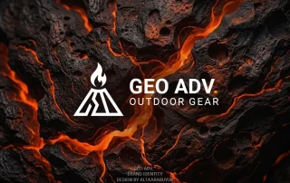 Outdoor ve Macera Ekipmanları Logo Tasarımı 2 Geo Adv. markası için hazırlanan alev ve dağ figürlü profesyonel outdoor logo tasarımı
