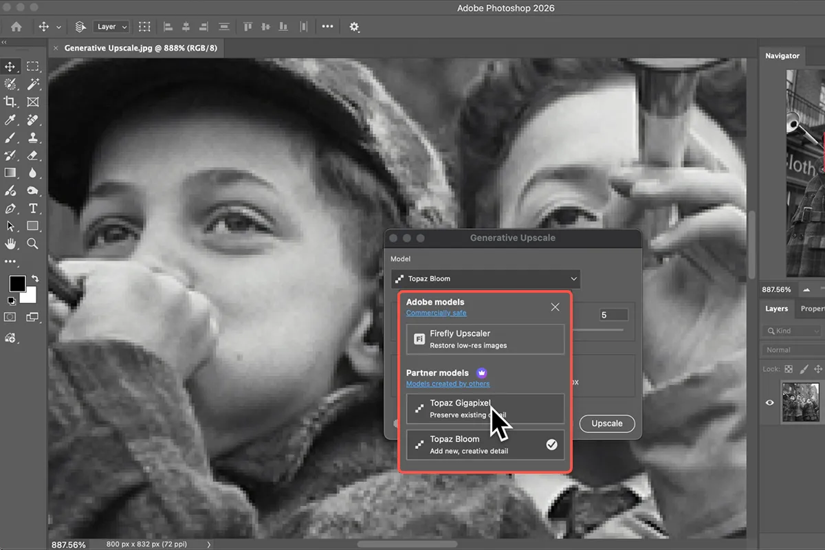 Bulanık Fotoğraf Nasıl Netleştirilir? 4 Photoshop Generative Upscale 2x 4x ve AI model seçenekleri ekranı