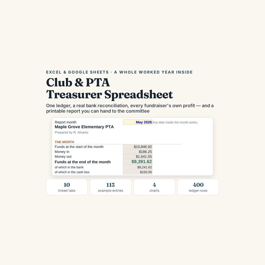 Excel & Google Sheets Templates 5 Club, PTA & Nonprofit Treasurer Spreadsheet