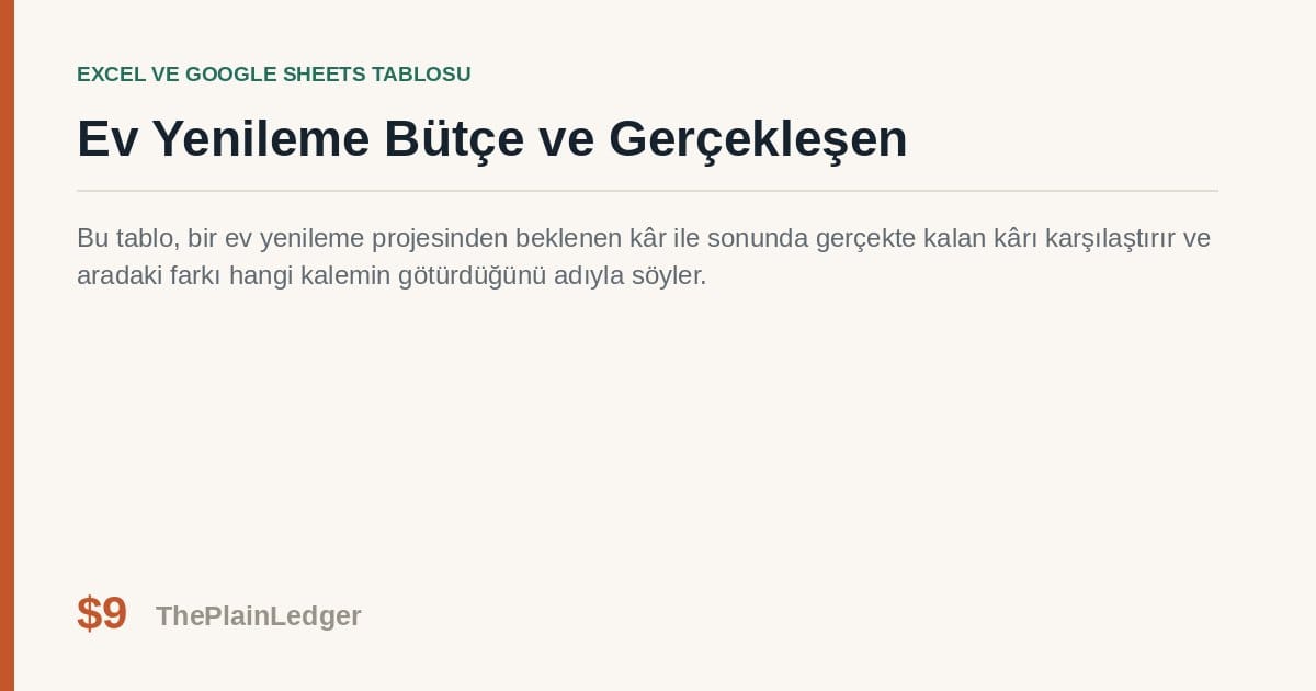 Ev Yenileme Bütçe ve Gerçekleşen Tablosu — Excel ve Google Sheets tablosu önizlemesi