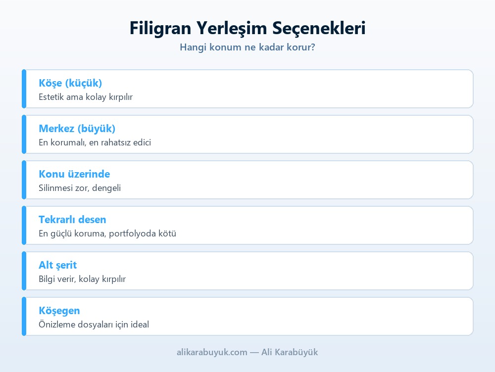 Fotoğraflara Filigran (Watermark) Ekleme ve Telif Koruma 4 Fotoğraf filigranı için yerleşim seçenekleri listesi