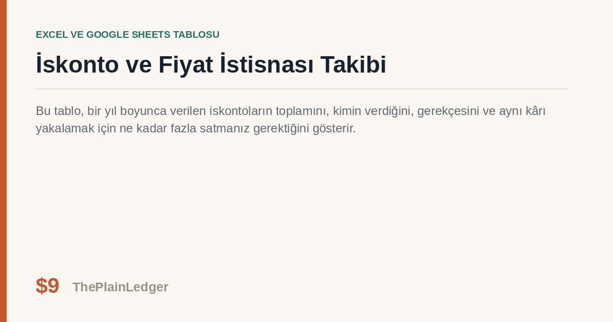 İskonto ve Fiyat İstisnası Takibi Tablosu — Excel ve Google Sheets tablosu önizlemesi