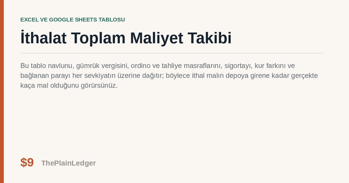 İthalat Toplam Maliyet Takibi Tablosu — Excel ve Google Sheets tablosu önizlemesi