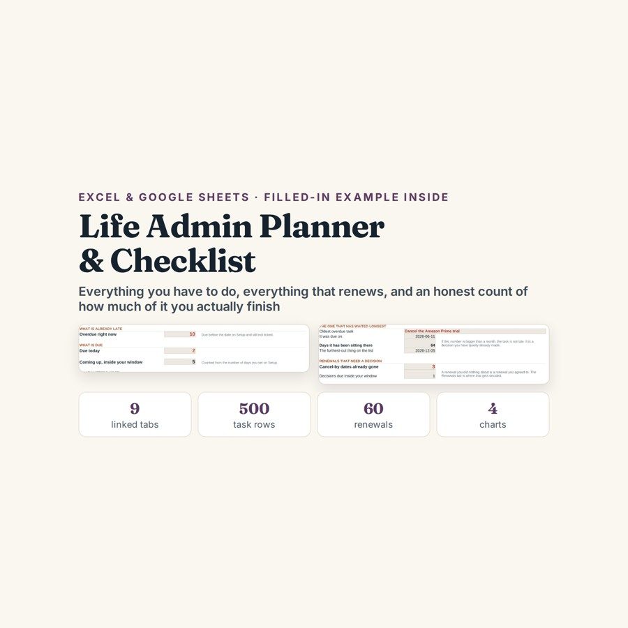 Excel & Google Sheets Templates 13 Life Admin Planner & Checklist