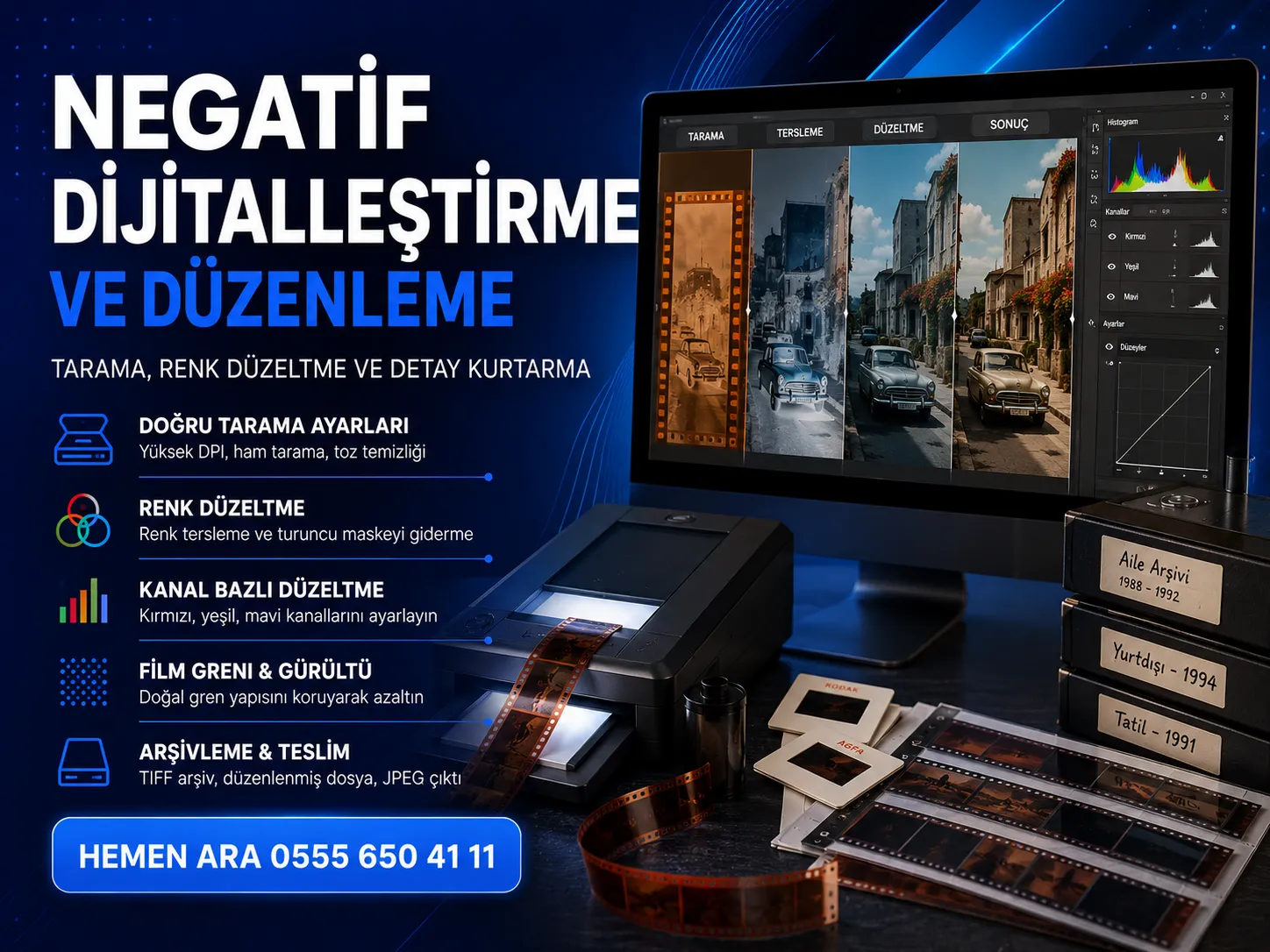 Negatif filmin dijitalleştirilip düzenlenmesi öncesi ve sonrası