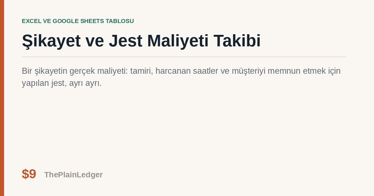 Şikayet ve Jest Maliyeti Takibi Tablosu — Excel ve Google Sheets tablosu önizlemesi