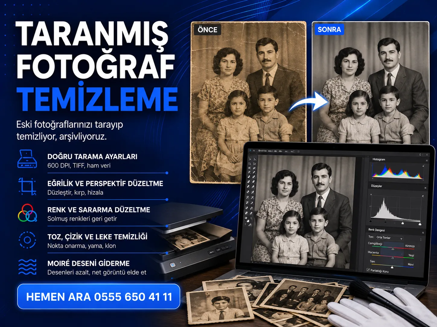 Taranmış fotoğrafın temizlenmesi öncesi ve sonrası karşılaştırması