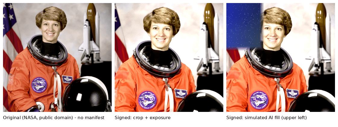 C2PA İçerik Kimlik Bilgileri (Content Credentials) 2 Turuncu uçuş tulumlu astronot Eileen Collins’in NASA portresinin üç sürümü. Solda arkasında ABD bayrağı ve uzay mekiği maketi olan özgün görsel. Ortada daha sıkı kırpılmış ve daha aydınlık sürüm. Sağda aynı kırpım; sol üstteki bayrak koyu mavi, yıldızlı bir alanla değiştirilmiş.