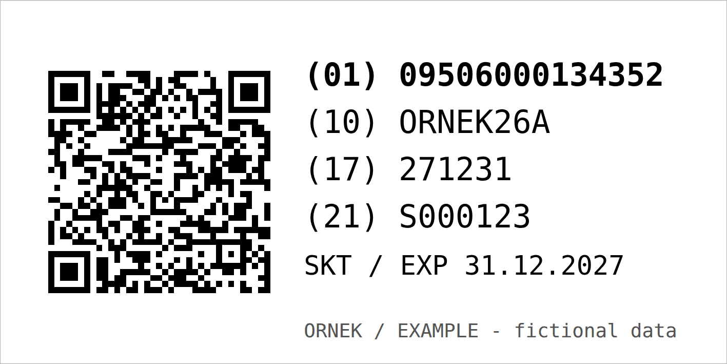 GS1 Digital Link Karekod ve Baskıya Hazır Etiket 4 60 x 30 milimetrelik örnek etiket: solda beyaz kenarlı bir QR kod; sağda kalın (01) 09506000134352, (10) ORNEK26A, (17) 271231, (21) S000123, SKT / EXP 31.12.2027 ve küçük harflerle ORNEK / EXAMPLE - fictional data notu.