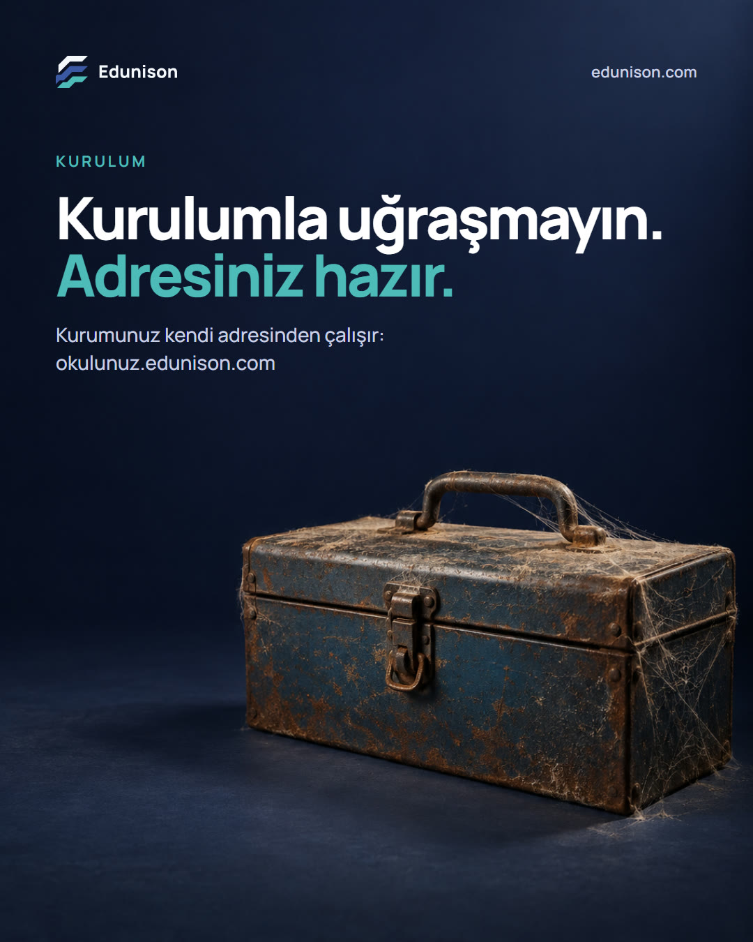 Alet Çantası Sosyal Medya Tasarımı Alet çantası sosyal medya tasarımı: üstü toz ve örümcek ağı tutmuş kapalı bir alet çantası, "Kurulumla uğraşmayın. Adresiniz hazır." başlığı