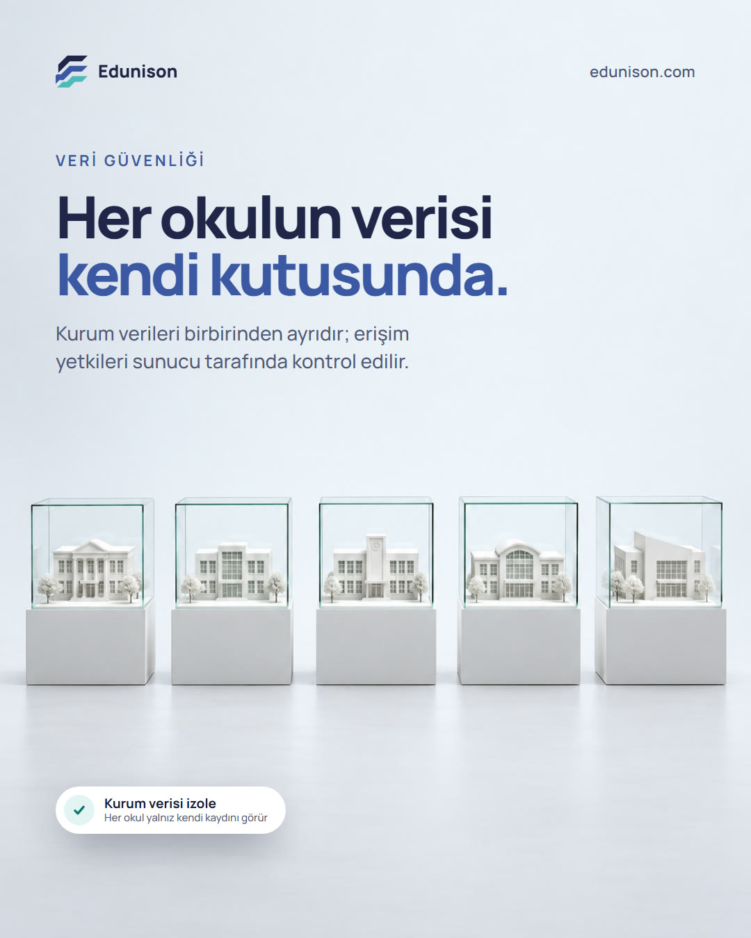 Cam Küp Sosyal Medya Tasarımı Cam küp sosyal medya tasarımı: her biri kendi okul maketini taşıyan cam küpler, "Her okulun verisi kendi kutusunda." başlığı