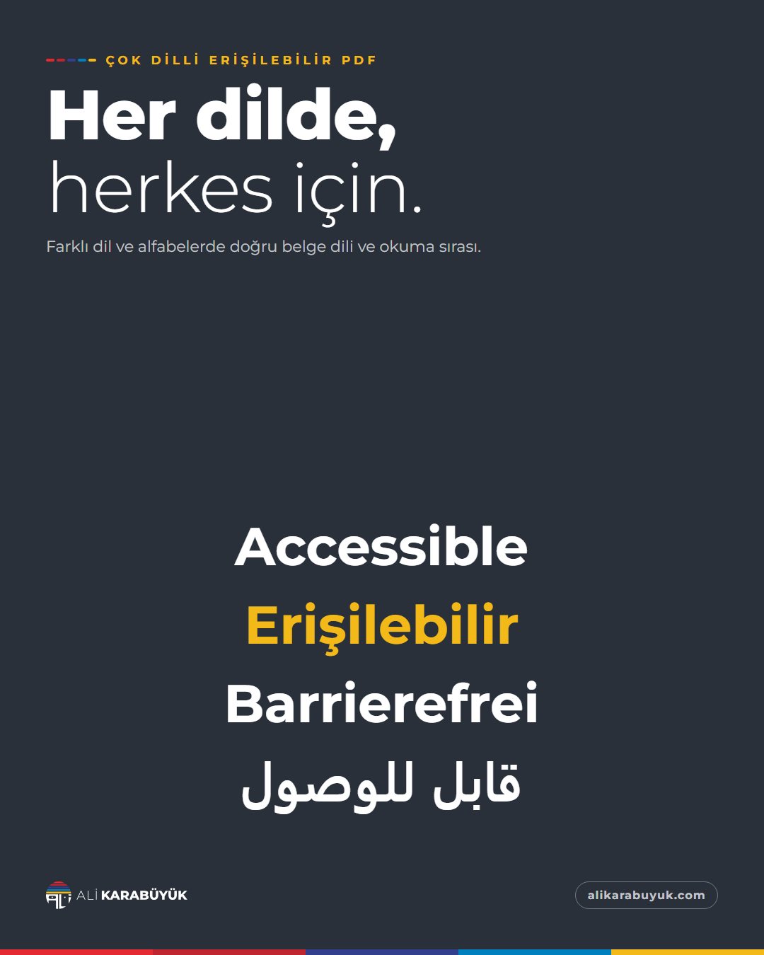 Kurumsal Kimlik, Baskı ve Belge Sosyal Medya Tasarımları 36 Çok Dilli Erişilebilir PDF sosyal medya tasarımı: Koyu zeminde 'erişilebilir' kelimesi İngilizce, Türkçe, Almanca ve Arapça yazılmış, "Her dilde, herkes için." başlığı