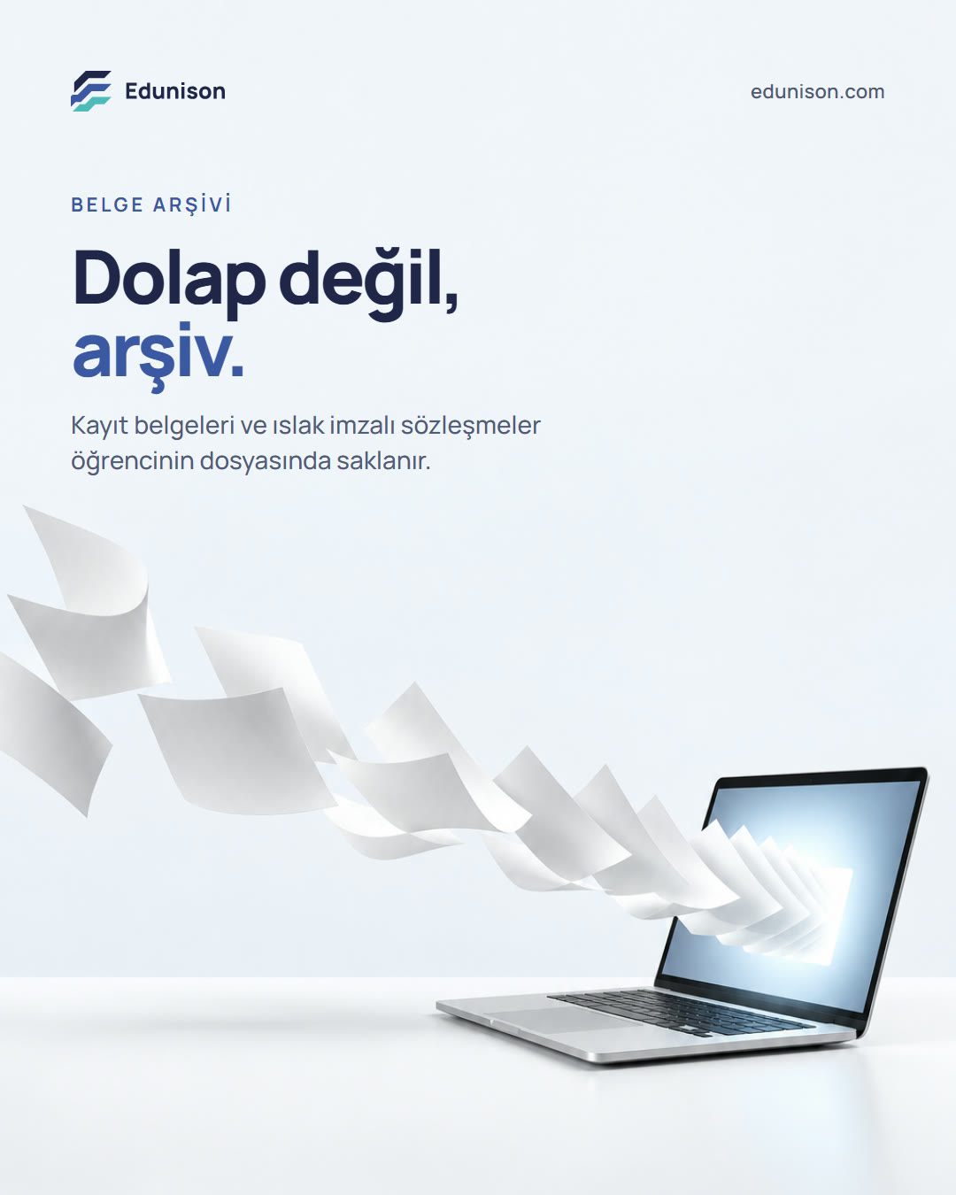 Dijital Arşiv Sosyal Medya Tasarımı Dijital arşiv sosyal medya tasarımı: yay çizerek açık bir dizüstü bilgisayarın ekranına akan kâğıtlar, "Dolap değil, arşiv." başlığı