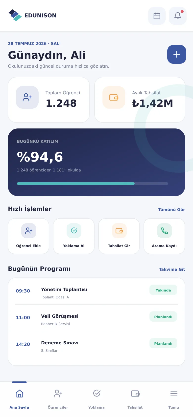 Edunison Okul ve Kurs Yönetim Sistemi 5 Edunison arayüzünün telefon görünümü