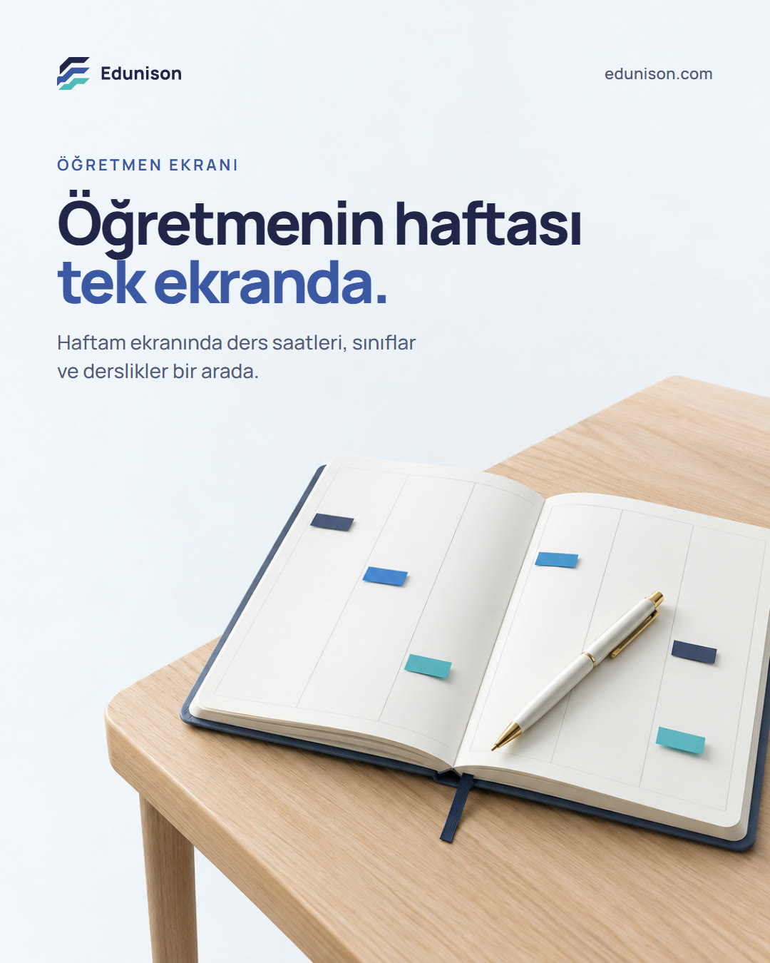 Haftalık Ajanda Sosyal Medya Tasarımı Haftalık ajanda sosyal medya tasarımı: renkli işaretlerle planlanmış bir öğretmen haftalık ajandası, "Öğretmenin haftası tek ekranda." başlığı