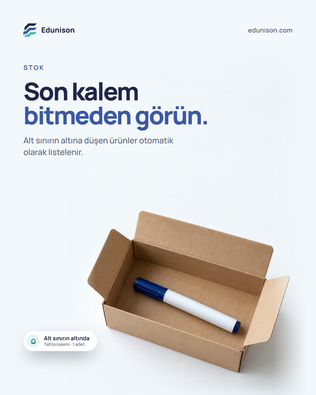 Kalem Kutusu Sosyal Medya Tasarımı Kalem kutusu sosyal medya tasarımı: neredeyse boşalmış bir kalem kutusunda kalan tek kalem, "Son kalem bitmeden görün." başlığı