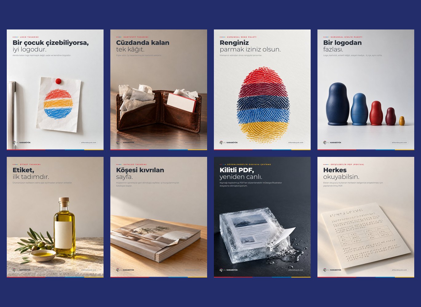 Kurumsal kimlik, baskı ve belge sosyal medya tasarımlarından sekiz örnek: logo, kartvizit, renk paleti, kimlik paketi, etiket, katalog, kilitli PDF ve erişilebilir PDF