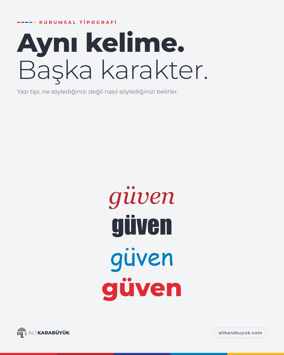 Kurumsal Kimlik, Baskı ve Belge Sosyal Medya Tasarımları 7 Kurumsal Tipografi sosyal medya tasarımı: Aynı 'güven' kelimesi dört farklı yazı tipiyle alt alta yazılmış, "Aynı kelime. Başka karakter." başlığı