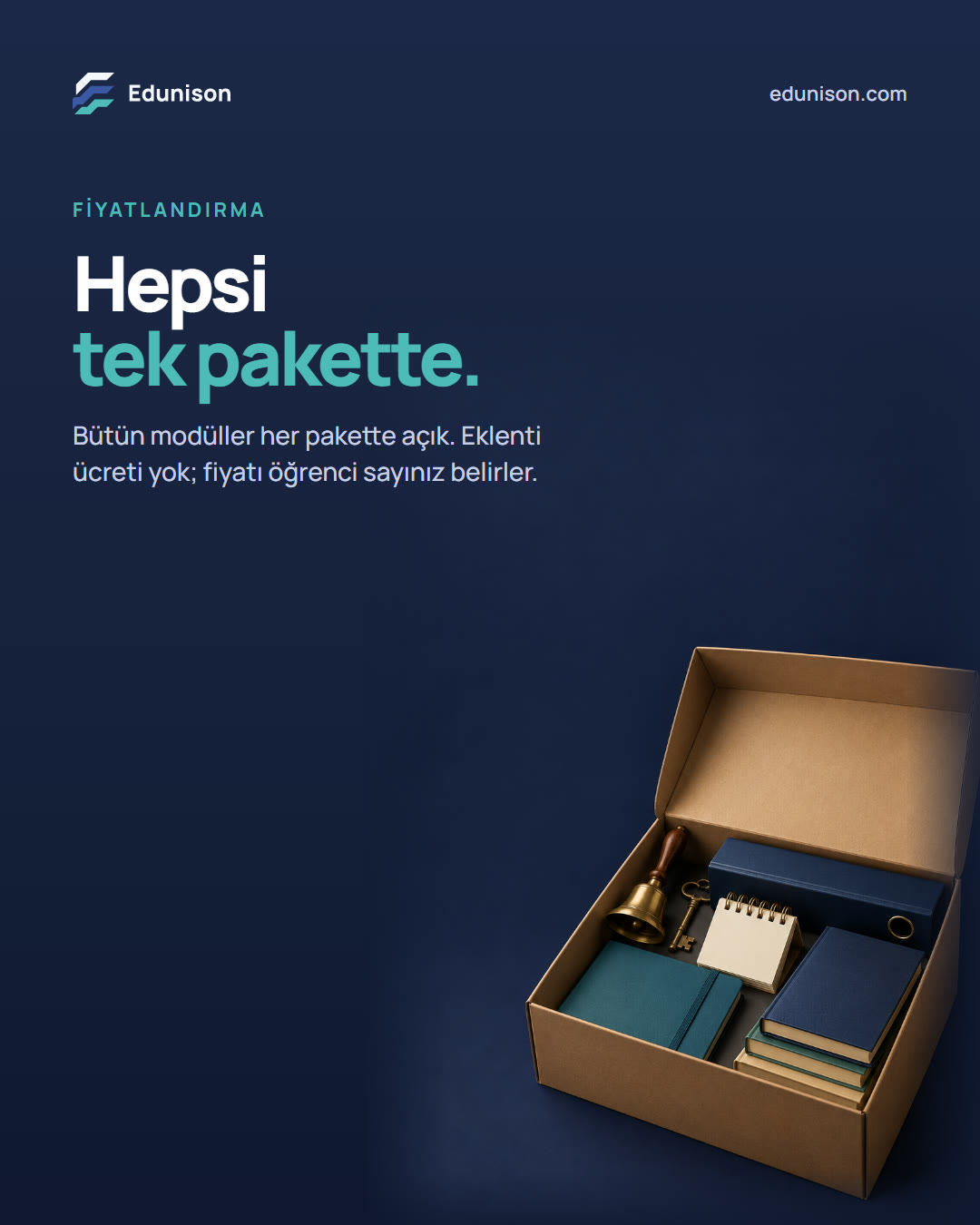 Kutu Sosyal Medya Tasarımı Kutu sosyal medya tasarımı: okul zili, anahtar ve klasörle özenle yerleştirilmiş tek bir kutu, "Hepsi tek pakette." başlığı