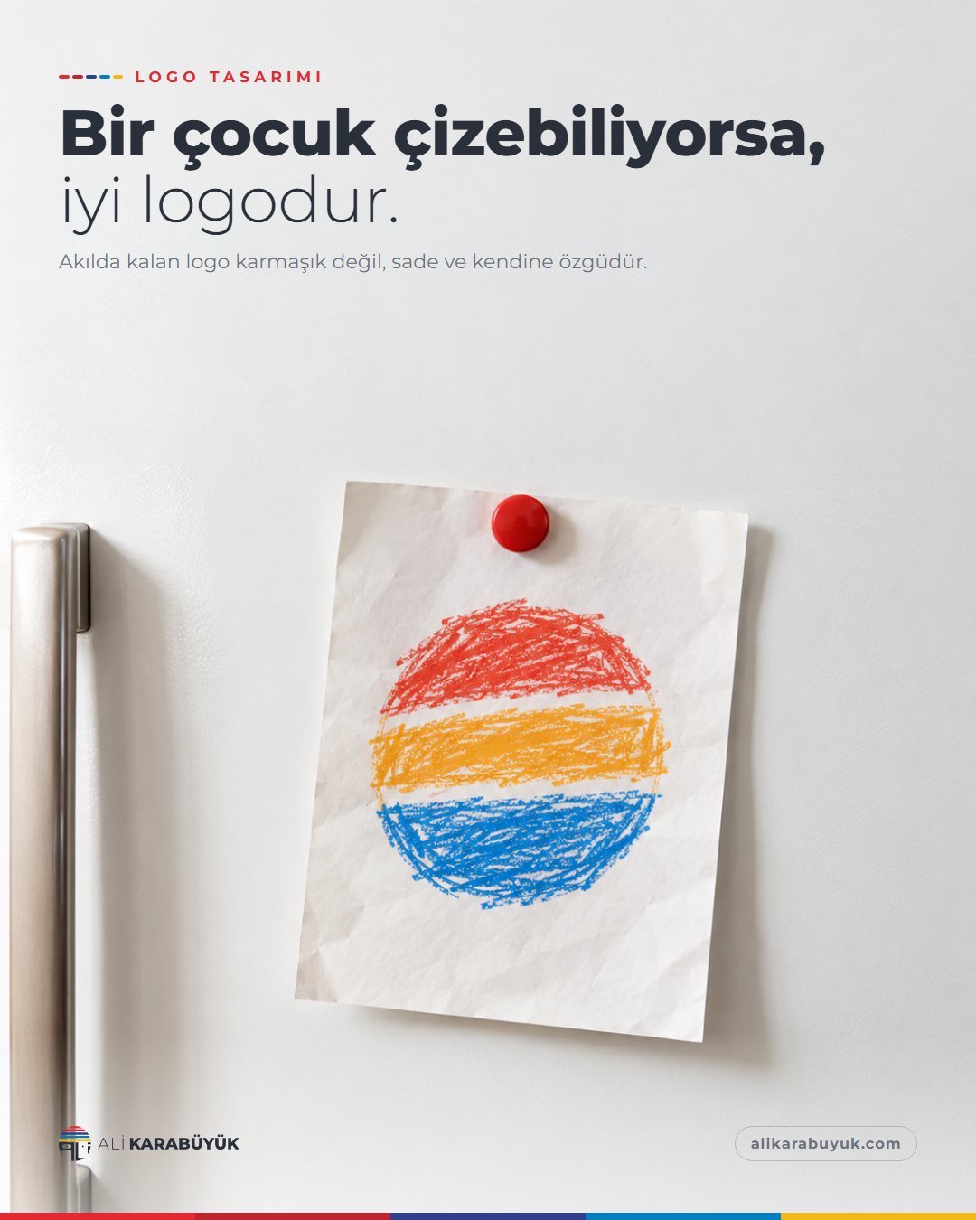Kurumsal Kimlik, Baskı ve Belge Sosyal Medya Tasarımları 2 Logo Tasarımı sosyal medya tasarımı: Buzdolabı kapağına mıknatısla tutturulmuş bir çocuk çizimi: renkli çizgilerle dolu basit bir daire, "Bir çocuk çizebiliyorsa, iyi logodur." başlığı