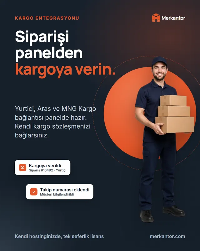 Merkantor Kampanya Tasarımları: Sosyal Medya Serisi 6 Merkantor kampanya tasarımı: kurye fotoğraflı kargo entegrasyonu, koyu tema