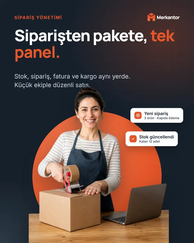 Merkantor Kampanya Tasarımları: Sosyal Medya Serisi 8 Merkantor kampanya tasarımı: satıcı fotoğraflı tek panel, koyu tema