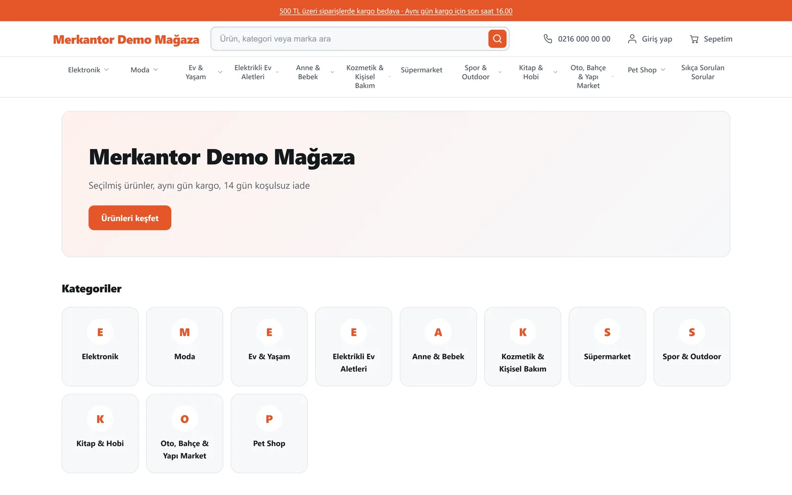 Merkantor E-Ticaret Yazılımı 2 Merkantor ile kurulmuş bir mağazanın ana sayfası: kategori menüsü, kampanya bannerı ve ürün listesi