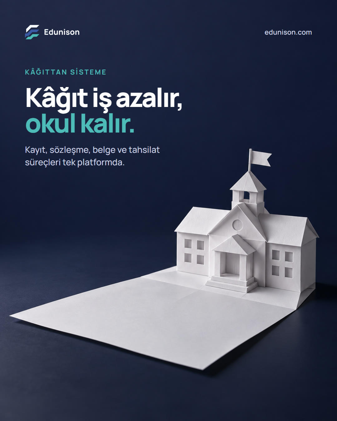 Origami Okul Sosyal Medya Tasarımı Origami okul sosyal medya tasarımı: yarısı hâlâ düz kâğıt olan origami bir okul binası, "Kâğıt iş azalır, okul kalır." başlığı