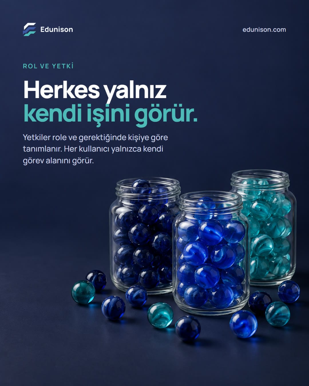 Renkli Bilye Sosyal Medya Tasarımı Renkli bilye sosyal medya tasarımı: her biri tek renk bilyeyle dolu üç cam kavanoz, "Herkes yalnız kendi işini görür." başlığı