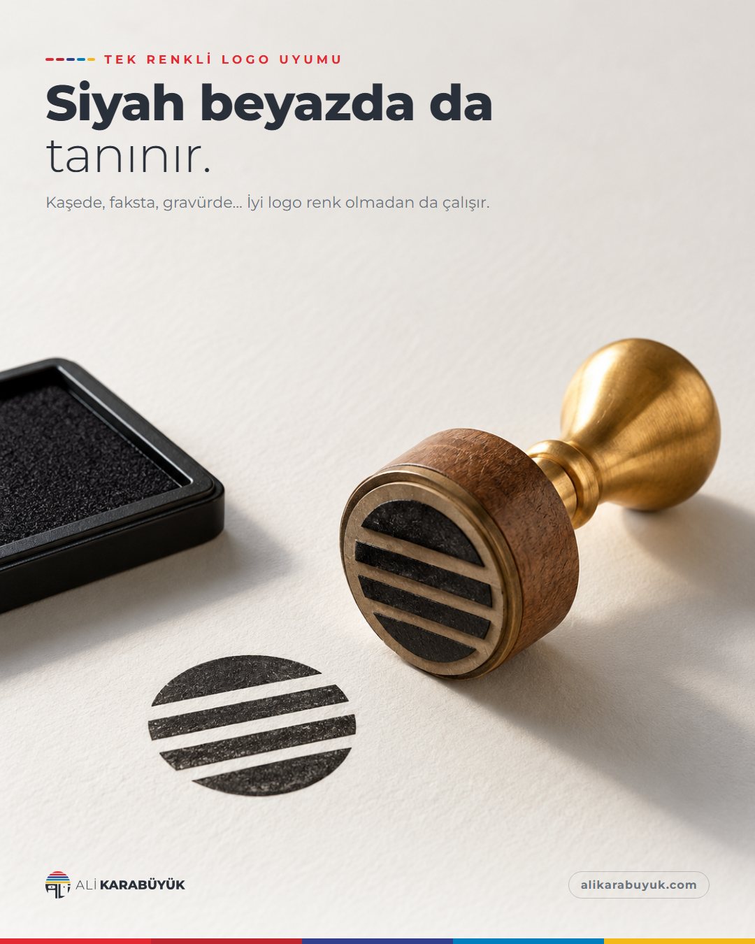 Kurumsal Kimlik, Baskı ve Belge Sosyal Medya Tasarımları 9 Tek Renkli Logo Uyumu sosyal medya tasarımı: Pirinç saplı bir damga ve kâğıtta bıraktığı siyah iz, "Siyah beyazda da tanınır." başlığı