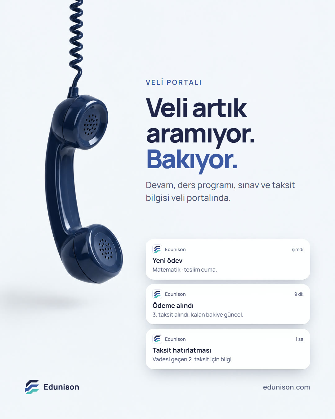 Telefon Ahizesi Sosyal Medya Tasarımı Telefon ahizesi sosyal medya tasarımı: kablosundan sarkan ve kimsenin açmadığı eski bir telefon ahizesi, "Veli artık aramıyor. Bakıyor." başlığı
