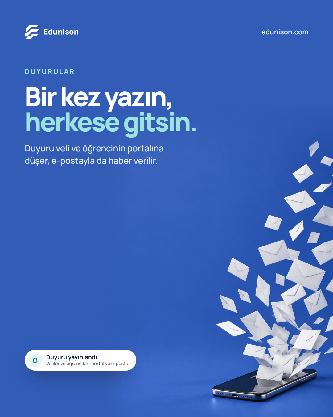 Uçan Zarf Sosyal Medya Tasarımı Uçan zarf sosyal medya tasarımı: tek bir telefondan kuş sürüsü gibi havalanan beyaz zarflar, "Bir kez yazın, herkese gitsin." başlığı